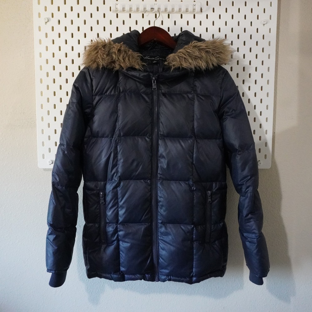 Kenneth Cole New York Puffer Coat Faux Fur Trim‎ Hooded Down Filled Small
